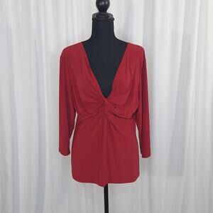 Coldwater Creek Womens Red Blouse Large Deep V Neck Drape Twist Front 3/4 Sleeve